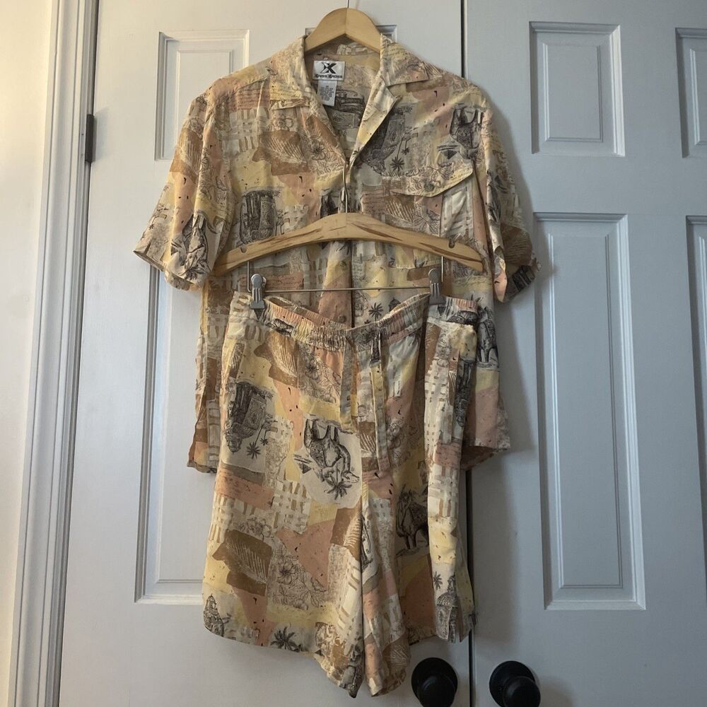 VTG 1990s Xriss Xross 100% Silk Top & Shorts‎ Set Animal Print Size XS